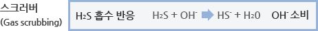 스크러버(Cas scrubbing) : H₂S 흡수반응 / H₂S + OH- → HS- + H₂O : OH- 소비